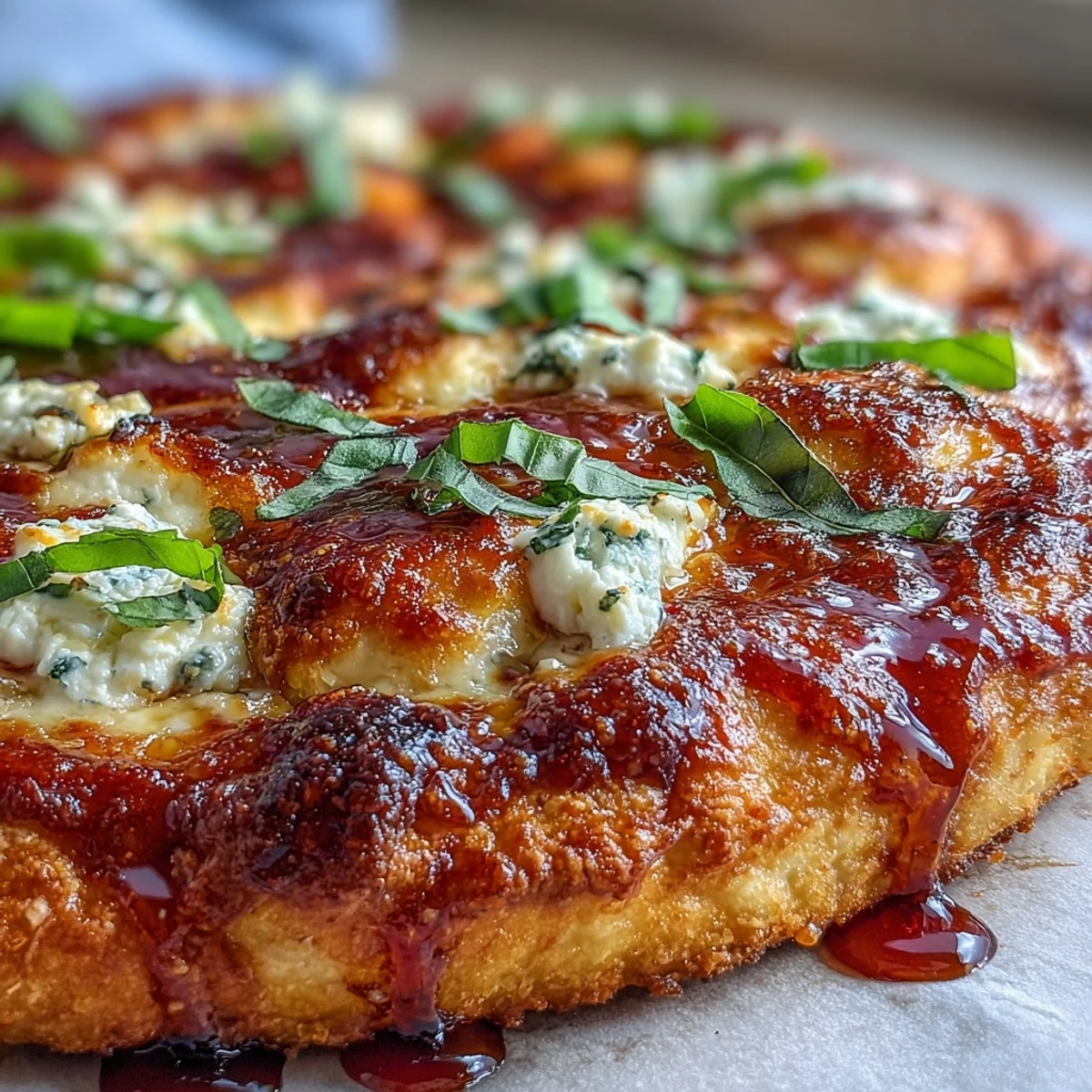 Rustic cutting board with Hot Honey Ricotta Pizza, honey bottle nearby, ready to serve with a sweet and spicy finish.