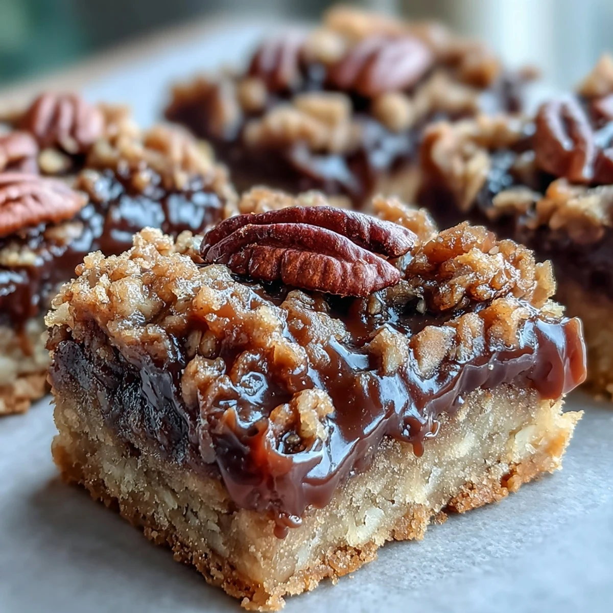 Decadent Sweet and Chewy Turtle Bars with Chocolate and Caramel baked golden in a 9x9 pan, showing a gooey caramel swirl and crunchy pecan topping.