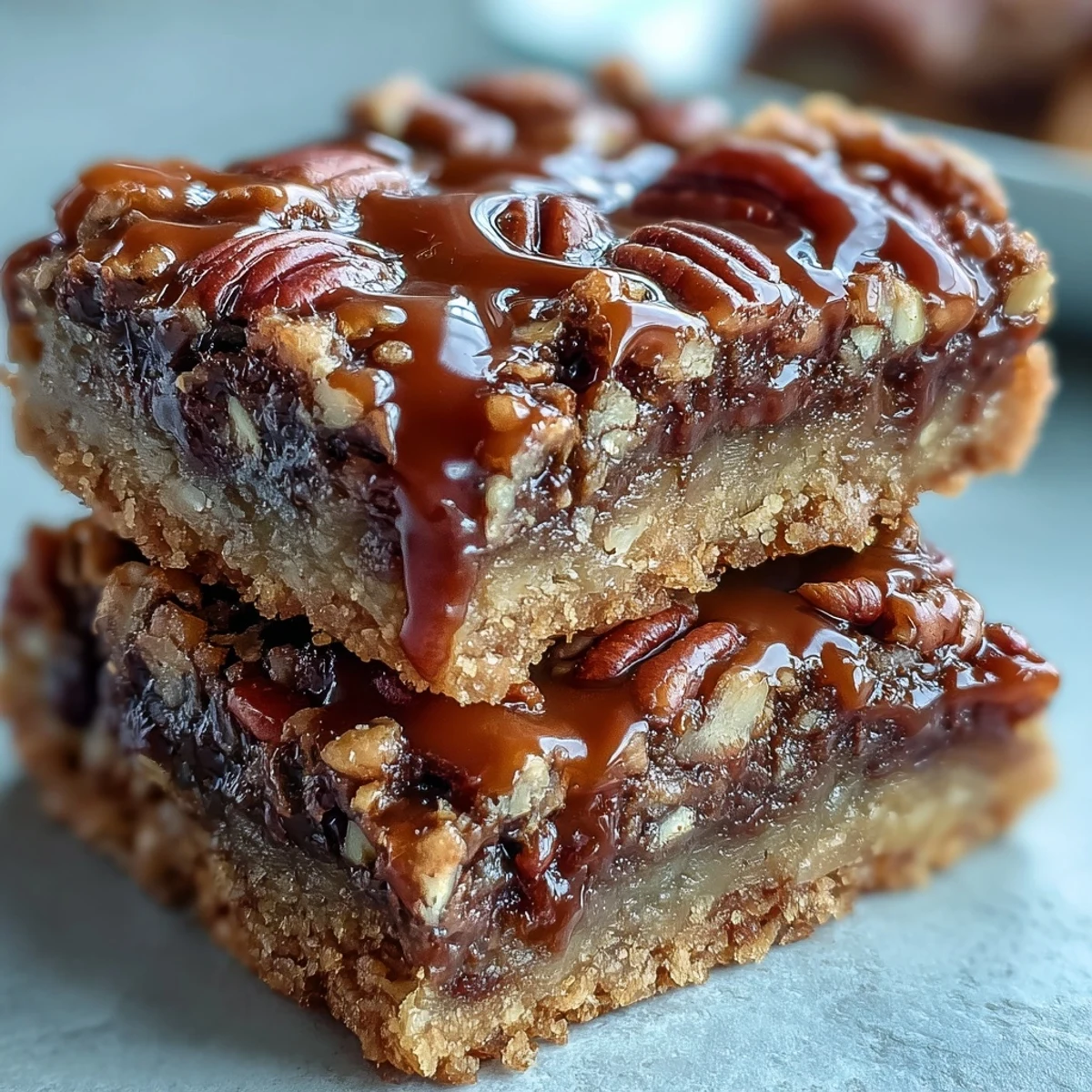 A close-up of Decadent Sweet and Chewy Turtle Bars with Chocolate and Caramel reveals a buttery oat crust, pooling caramel, and melted semi-sweet chocolate chips.
