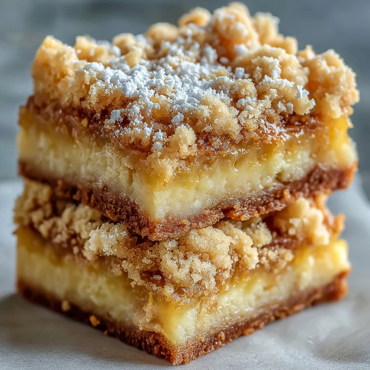 Freshly baked Homemade Lemon Crumb Bars show golden crumble topping over bright yellow citrus filling in a baking pan.