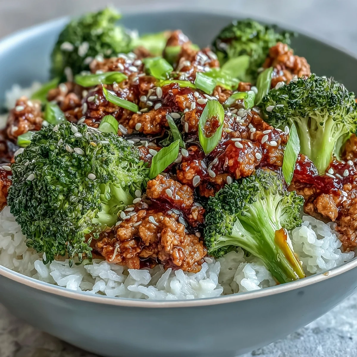 Close-up view of a bowl of Sweet and Spicy Turkey Broccoli Bowls featuring sautéed turkey, vibrant green broccoli florets, fluffy rice, and sliced green onions.