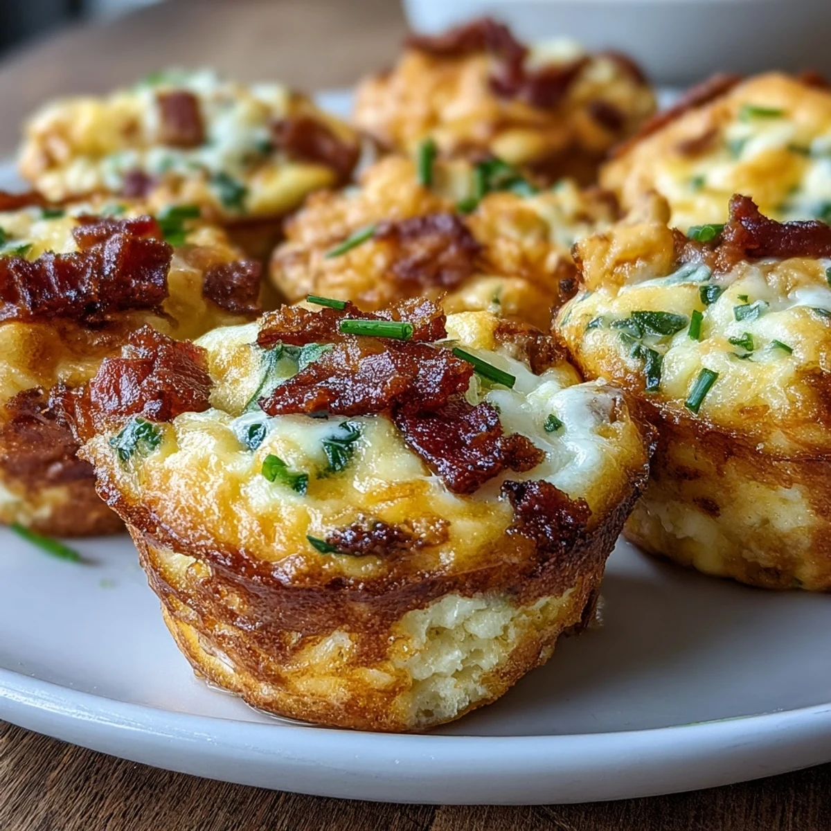 Golden-brown Breakfast Egg Muffins with melted cheddar, crispy bacon bits, and diced bell peppers garnished with fresh herbs.