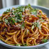 Golden roasted swede ribbons tossed with rice noodles in a sweet and spicy gochujang sauce.