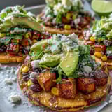 Overhead view of freshly assembled Black Bean and Sweet Potato Tostadas with vibrant roasted sweet potatoes and lime wedges on the side.