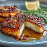 Golden, crispy halloumi cheese drizzled with sweet and spicy chili-infused honey over fresh arugula.  