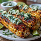 Delicious Memorial Day Grilled Corn with Herbed Butter 4 Ways, served hot with vibrant parsley, chive, cilantro, and Parmesan butters.  