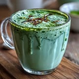 Frothy, dairy-free matcha oat milk latte, perfect for a refreshing, colorful afternoon treat.