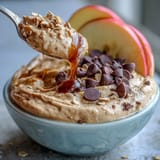 Smooth, sweet Fiber-Packed Chickpea Cookie Dough Dip ready for dipping fruit.