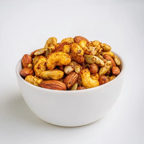 Golden-brown Spiced Nuts and Seeds Mix glistening with olive oil and aromatic spices on a parchment-lined baking sheet.