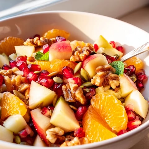 A close-up of Pomegranate and Walnut Salad with juicy pomegranate seeds, crisp apple, and pear slices topped with crunchy walnuts.