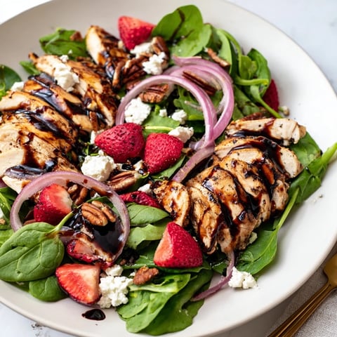 Grilled chicken slices rest on mixed greens with fresh strawberries and creamy goat cheese, drizzled with honey balsamic glaze.