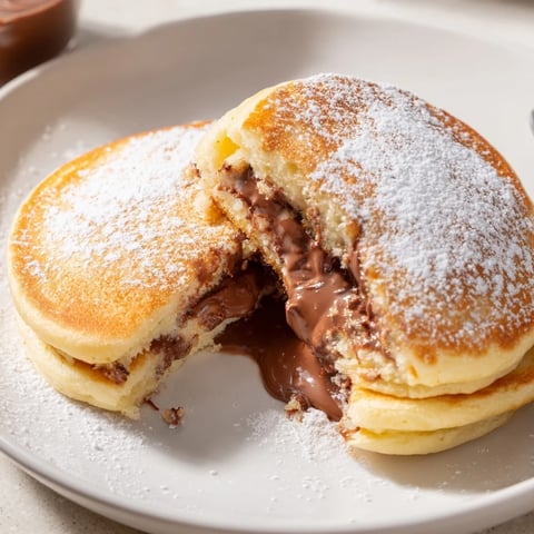 Golden-brown Nutella Stuffed Pancakes stack high on a plate, dusted with powdered sugar and fresh berries.  