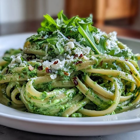 Steaming Linguine with Arugula Pesto twirled on a fork, garnished with fresh arugula leaves and Parmesan.