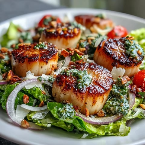 Golden seared scallops sit atop a vibrant escarole salad with cherry tomatoes and shaved Parmesan, drizzled with pesto vinaigrette.