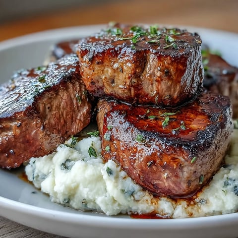 Pan-seared venison steaks served on a bed of creamy caraway crushed swede garnished with fresh thyme.
