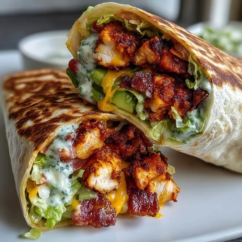 Freshly grilled Crispy Chicken Bacon Wrap stuffed with smoky bacon, melted cheddar, and ripe avocado slices.