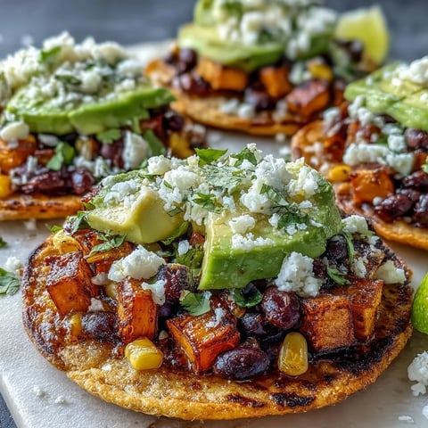 A close-up photo of crispy Black Bean and Sweet Potato Tostadas topped with creamy avocado slices and crumbled feta cheese.