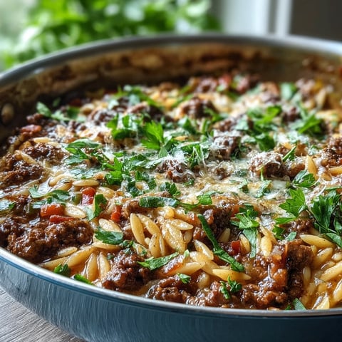 A close-up of Comforting Ground Beef Orzo Dinner bubbling in a skillet with melted Parmesan and fresh parsley.