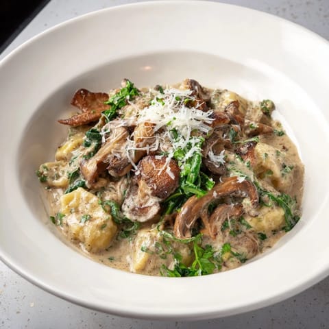 Creamy woodsy skillet sausage and mushroom gnocchi, with tender gnocchi and savory sausage crumbles.