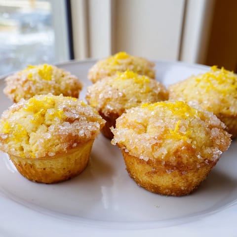 Freshly baked Simple Sweet Lemon Zest Muffins with a sweet, sparkling sugar topping, are a delightful dessert.