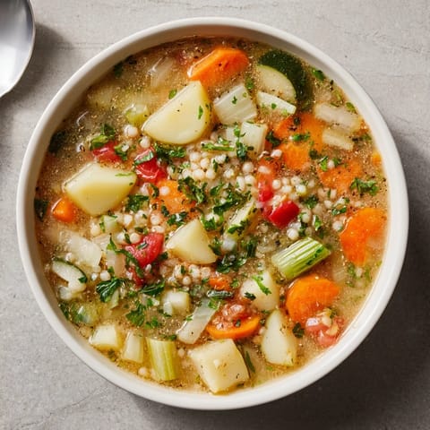 Close-up of hearty simple homemade grain and vegetable soup, garnished with fresh parsley and lemon.