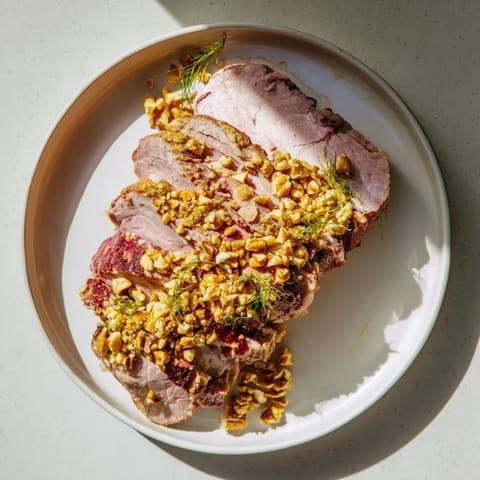 Juicy Thyme and Pecan Crusted Pork Tenderloin, crust perfectly toasted, served on a white plate.