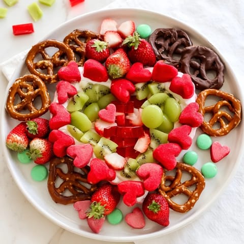 Delicious Grinch Heart Pretzel Board featuring red gummy hearts, fresh fruit, and pretzels, perfect for Christmas snacking.