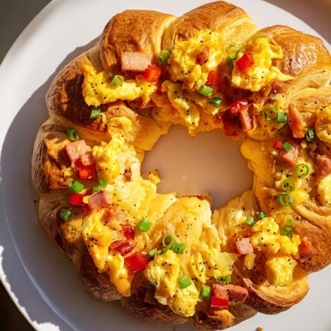This Wreath-Shaped Egg and Ham Bake shows a beautiful, savory centerpiece with bubbling cheese and fluffy eggs.