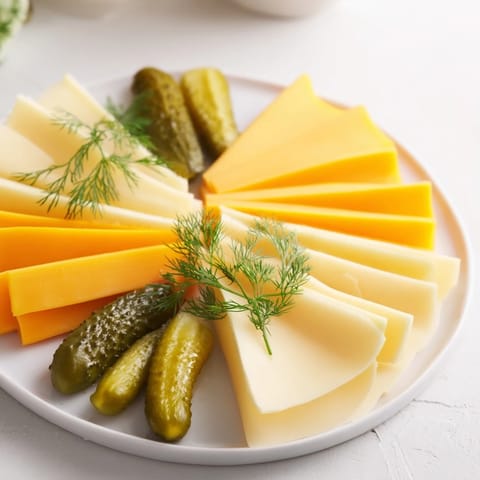 A colorful platter displaying creamy cheeses and crisp dill pickles; a perfect appetizer.
