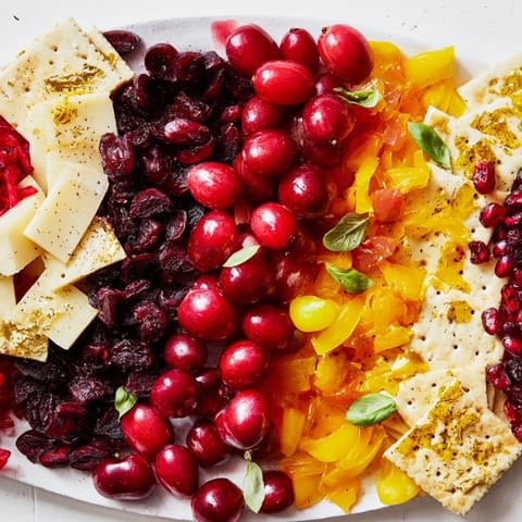 Vivid colors in this Crimson & Gold Gala cheese board, featuring gold crackers and fresh, red grapes.