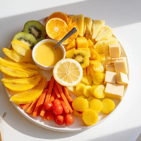 This 57, Sunny Yellow Citrus Burst showcases a beautifully arranged platter with golden pineapple and Gouda cheese cubes.