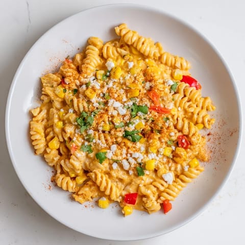 Close-up of the finished one-pot Mexican street corn pasta, garnished with fresh cilantro and lime.
