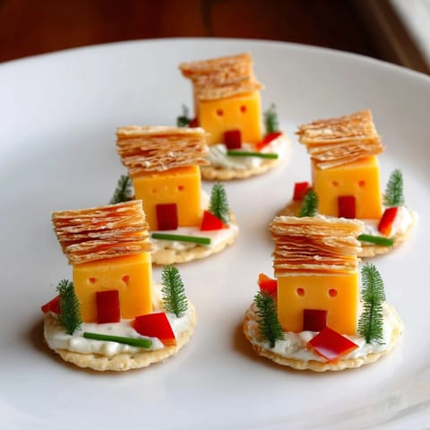 Festive party appetizer: An Alpine Village of tempting cheese houses, a whimsical snack for guests.