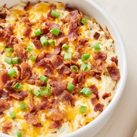 This Cheesy Bacon Ranch Dip features a creamy, rich texture sprinkled with crispy bacon bits and green onions.