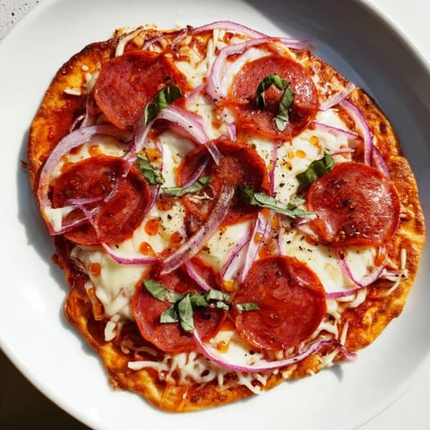 Golden, bubbly hot honey pepperoni flatbread, served warm for a quick and easy dinner.
