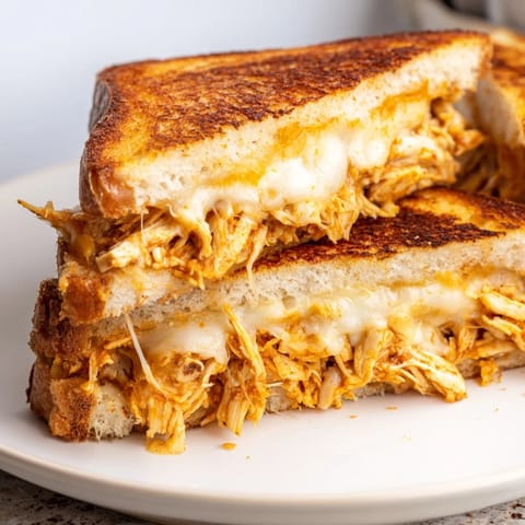 A close-up of a flavorful Chili Crisp Honey Chicken Grilled Cheese, oozing melted cheese and spicy-sweet chicken.
