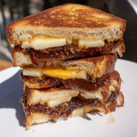 Warm, gooey Bacon Jam Grilled Cheese with crispy bread, perfect for a comfort food craving.