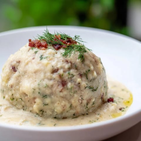 A close-up of delicious Lithuanian Cepelinai, showcasing the savory meat filling inside the potato dumplings.