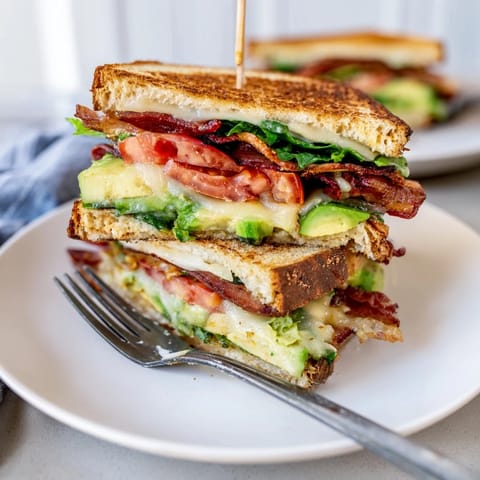 Avocado BLT Grilled Cheese rests on a wooden board, with melted cheddar oozing from the toasted sourdough.  