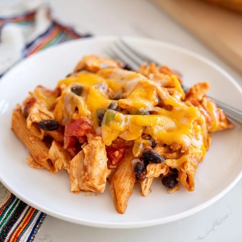 A steaming skillet of Chicken Enchilada Pasta reveals shredded chicken, diced bell peppers, and a creamy, spicy sauce perfect for weeknight dinners.