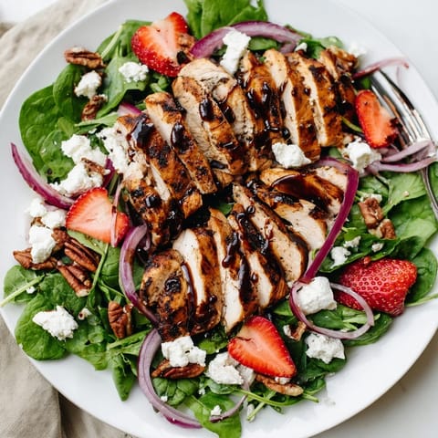 Honey Balsamic Chicken Salad on a bed of greens with sliced strawberries, crumbled goat cheese, and toasted pecans.