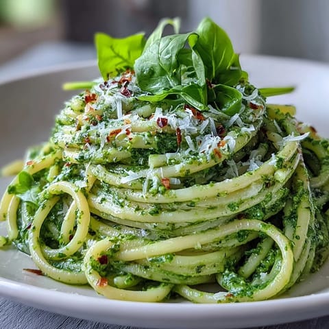 Creamy Linguine with Arugula Pesto served in a white bowl, bright green sauce coating each strand beautifully.