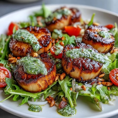 A close-up showcases plump scallops with a caramelized crust next to crisp greens and toasted pine nuts on the plate.