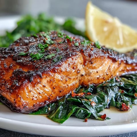 Perfectly cooked Air Fryer Salmon and Swiss Chard with garlic sautéed greens, served family-style on a white ceramic plate.