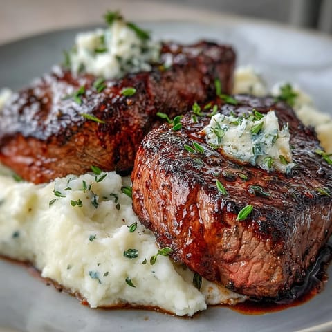 Golden-brown venison steaks topped with fresh thyme alongside creamy caraway-infused swede mash on a rustic plate.