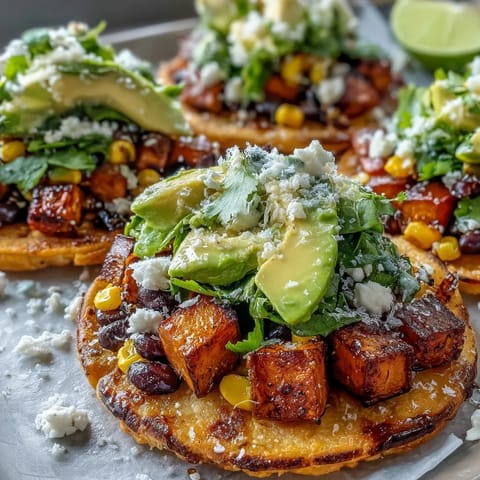 Overhead view of freshly assembled Black Bean and Sweet Potato Tostadas with vibrant roasted sweet potatoes and lime wedges on the side.