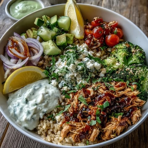 Freshly shredded rotisserie chicken is layered over warm brown rice with crisp cucumber, cherry tomatoes, and steamed broccoli in this wholesome bowl.