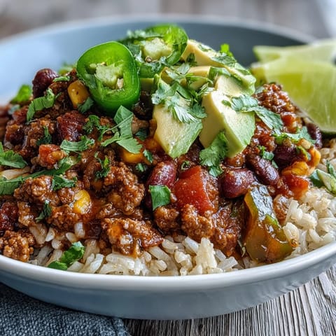 A close-up view of the Chili Bowl Base, featuring black beans and ground beef in a rich, smoky tomato sauce.