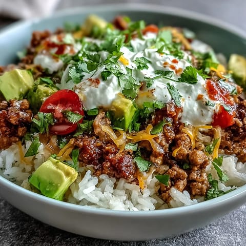 Turkey Taco Bowl featuring colorful toppings like lettuce, tomato, cheese, and sour cream, ready for a quick, customizable weeknight meal.