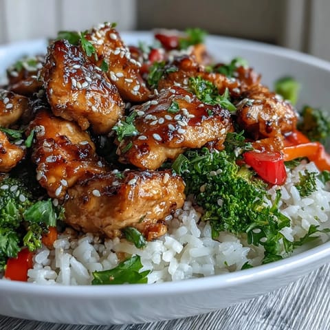 Tender glazed chicken pieces in Honey Garlic Chicken Bowl glisten with sauce next to vibrant red bell peppers and green onions.